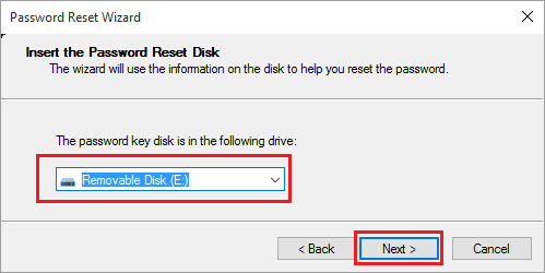 Select Password Reset Disk Location on Windows 10 Computer