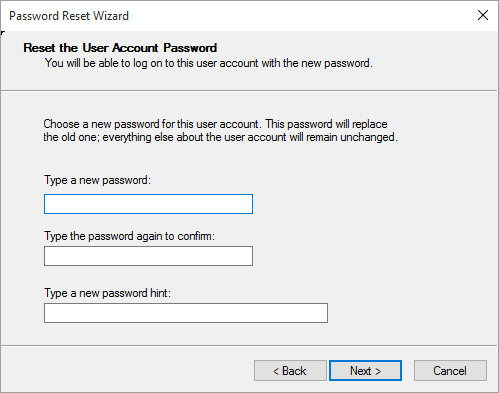 Type New Password in Windows 10 Password Reset Wizard Screen 