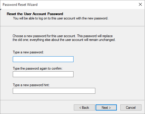 Type New Password in Windows Password Reset Wizard Screen 