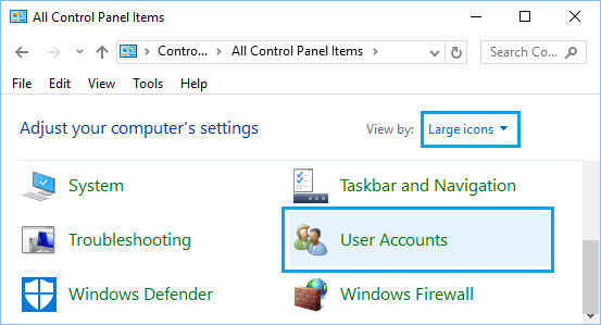 User Accounts Option in Control Panel Screen Windows 10