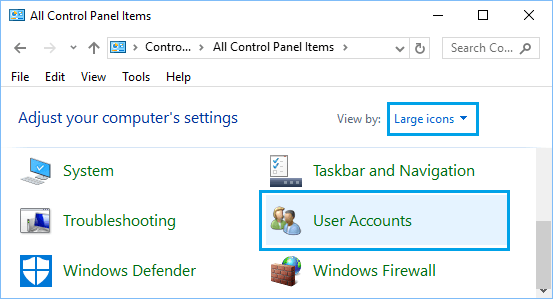 User Accounts Option in Control Panel Screen Windows