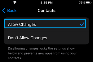 Allow Changes to Contacts App on iPhone