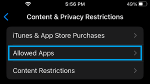 Allowed Apps Settings Option On iPhone