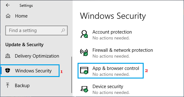 Apps and Browser Control Option in Windows Defender