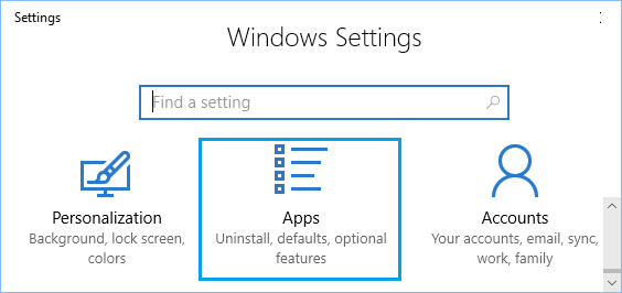 Apps Option in Windows 10 Settings Screen