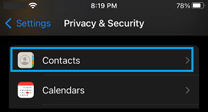 Contacts on Privacy & Security Screen