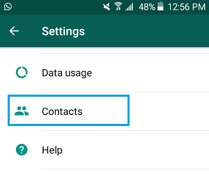 Contacts Tab on WhatsApp Settings Screen On Android Phone