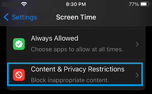 Content & Privacy Restrictions Option on iPhone