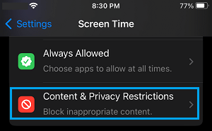 Content & Privacy Restrictions Setting Option on iPhone