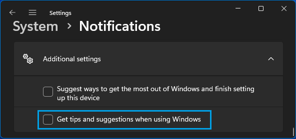 Disable Get tips and suggestions when using Windows option