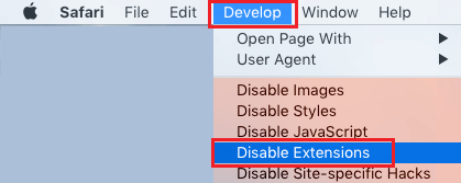 Disable Extensions Option on Mac Develop Menu