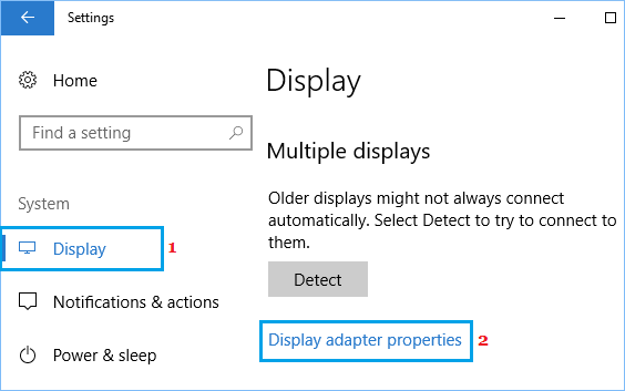 Display Adapter Egenskaber mulighed i Vinduer 10 Kontrolpanel Skærm