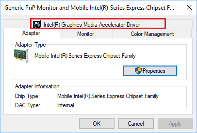 Graphics Media Driver Tab in Windows 10