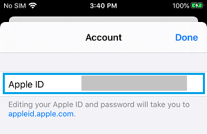 Apple ID on Account Screen