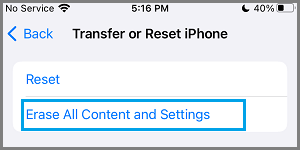 Erase All Content and Settings Option on iPhone