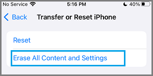 Erase All Content & Settings Option on iPhone