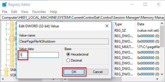 Ändern Sie Den Clearpagefileatshutdown-Registrierungswert Von 0 Auf 1