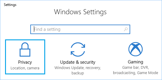 Privacy Option on Settings Screen in Windows 10