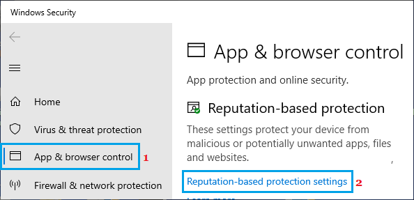 Reputation-based Protection Settings option in Windows Defender