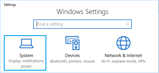 opțiunea de sistem în ecranul de Setări Windows 10