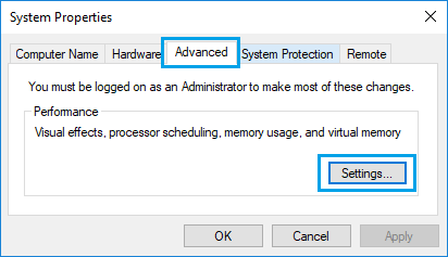 Settings Option on Windows Advanced System Properties Screen