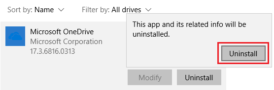Confirm to Uninstall OneDrive From Windows 10