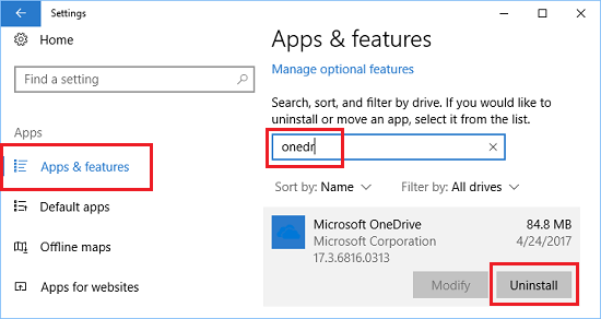 Uninstall OneDrive Option In Windows 10