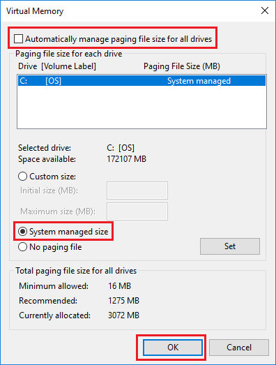 Set System Managed Size For Virtual Memory On Windows PC 