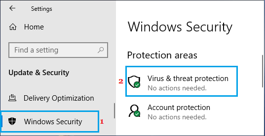 Virus & Threat Protection Option on Windows Security Screen