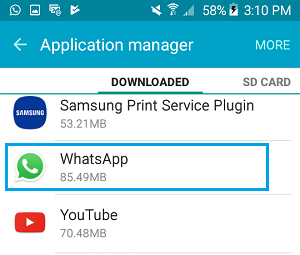 WhatsApp in Application Manager Screen on Android Phone