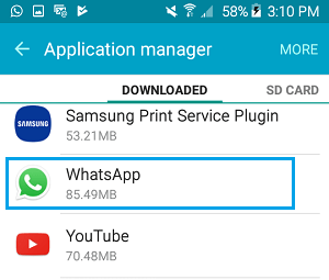 WhatsApp en la pantalla del Administrador de aplicaciones en el teléfono Android