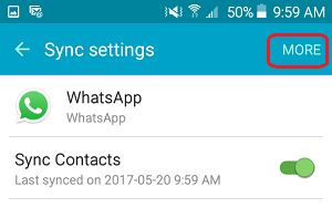 Pantalla de configuración de sincronización de WhatsApp en teléfono Android