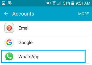 WhatsApp Tab on Accounts Screen on Android Phone