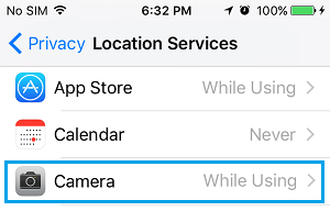 Camera App in Location Services Screen on iPhone