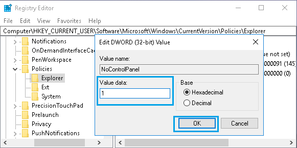 Registrierungswert von NoControlPanel DWORD in Windows bearbeiten 10