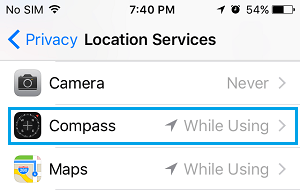 Compass Option on Location Services Screen on iPhone