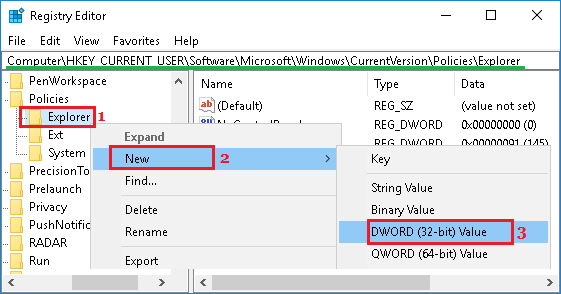 Create New DWORD in Policies/Explorer Folder in Windows 10