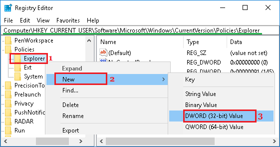 Utwórz nowy DWORD w folderze Policies / Explorer w systemie Windows 10