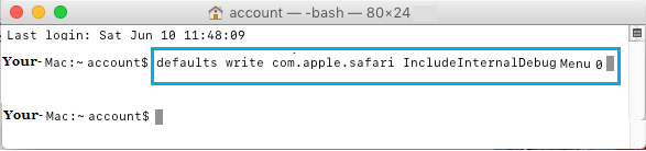 Terminal Command to Disable Safari Debug Menu On Mac