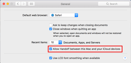 Allow Handoff between this Mac and iCloud devices option on Mac