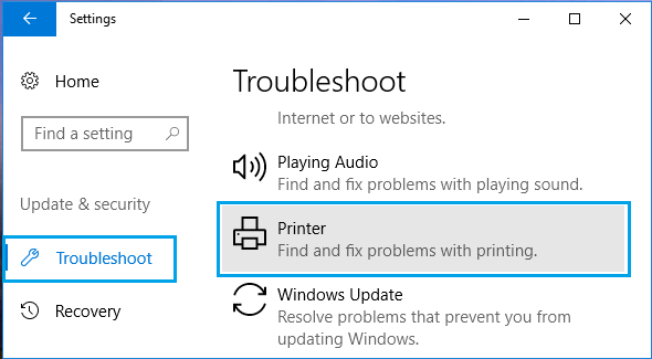 Troubleshoot Printer Option in Windows 10