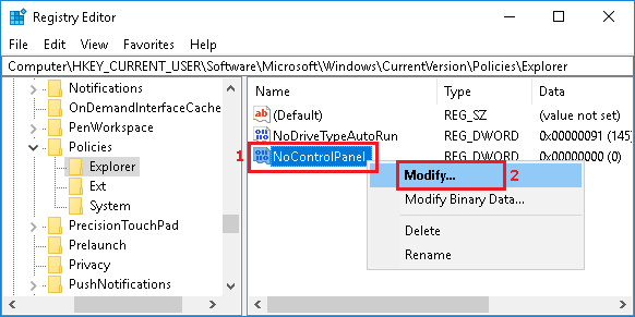 Modify NoControlPanel DWORD in Windows 10