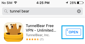 Отворете безплатно приложение VPN на Tunnelbear на iPhone