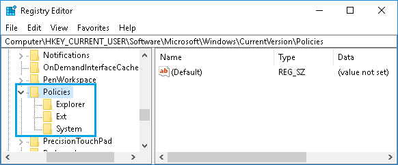 Policies Folder on Registry Editor Screen in Windows 10