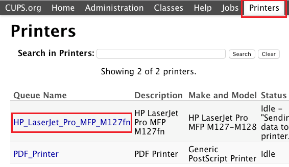 Printers Listed on CUPS Interface on Mac