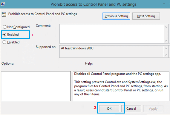 förbjuda åtkomst till Kontrollpanelen och PC-inställningar i Windows 10