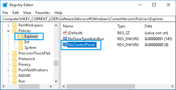  nume DWORD ca NoControlPanel în Windows 10