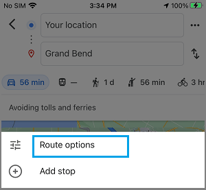 Route Options Tab in Google Maps