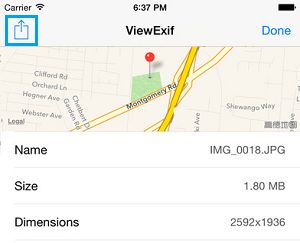 Share Option in ViewExif App On iPhone