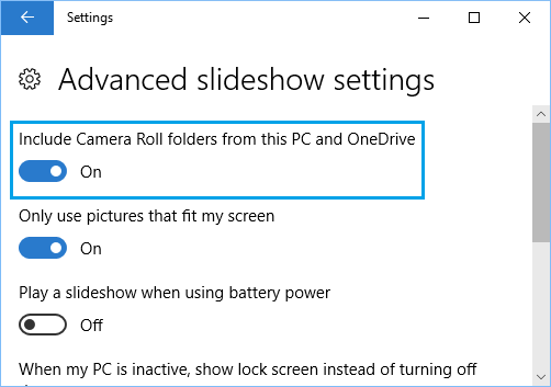 Lock Screen Background Advanced Slideshow Settings Screen in Windows 10